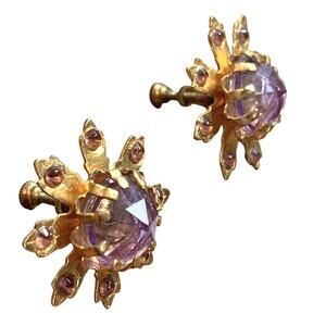 Vintage Mid Century Atomic Starburst Screw Back Mod Earrings Purple Gold Tone